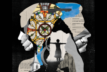Collage of divorce papers, stained-glass windows, and the side profiles of a woman and a man.