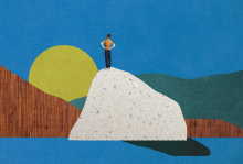 Illustration of a man standing on top of a hill looking off into the sunset