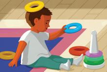 An illustration of a child with red-brown skin and dressed in white socks and a white shirt with teal pants  sitting on a rug while playing with a ring stacker toy; a yellow ring sits on its head like a halo.