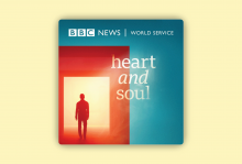 The image shows the cover of the BBC podcast "Heart and Soul" which shows a silhouette walking through a door 