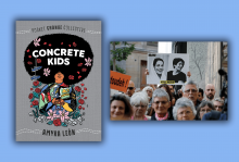The cover for 'Concrete Kids' features an illustration of a teen with an afro and roses placed throughout it. The scene from 'Nasrin' is a photo of a march for human rights in Iran.