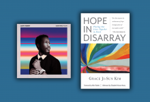 The cover of Cory Henry's album is an outline of him with a colorful rainbow background. The cover of Kim's book features a starburst of color.