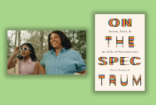 A scene from 'The Trees Remember' where a young Black girl is looking at nature with sunglasses and an older Black woman is standing with her smiling. The cover of 'On the Spectrum' has colorful letters on a white background.