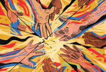 The illustration is a bunch of hands reaching towards something in the middle, with flames surrounding them, and lines criss-crossing the image, to give it a fractured look 