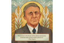 The illustration depicts a middle aged white man wearing a suit, with images of wheat and flying birds in the background. The quote reads "The Sermon on the Mount will be called practical when Christians make up their mind to practice it." -- Peter Maurin