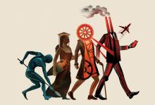 An illustration of four anthropomorphic representations of human revolutions. From left to right, a blue man is digging. A tan woman is holding a vase. An orange figure has a mechanical gear for a head. A man is wearing a suit with smokestacks for a head.