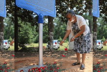 A senior Black woman stoops to lay orange flowers at the base of a plaque