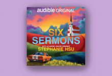 The image shows the cover of the podcast "Six Sermons," which shows a red car and a church with a tall steeple in the background. 