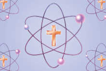 An illustration of a cross in the center of an atom. 