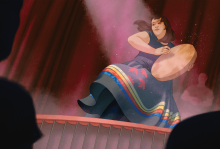 An illustration of a native woman dancing on a stage beating a hand drum and dancing as her colorful skirt billows around her. 