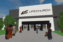 A screenshot of the computer-generated Life.Church with metaverse figures mingling outside the virtual doors.