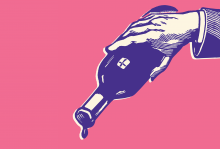 The illustration shows a hand emptying out a bottle of wine. 