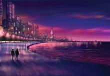 A painterly illustration of two people walking along the edge of a lake on a wide iridescent pathway at night. A cityscape is behind them to the left, and a purple-blue and pink horizon to the right, casting the whole illustration in these two colors.