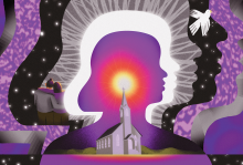 The illustration shows the silhouette of a feminine face, radiating outwards from the steeple of a church. There is a dove flying in the background, and a couple sitting with their arms around each other. 