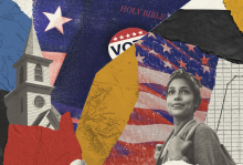 The image is a collage of a red, white, blue, gray and white scraps of paper depicting Latino Americans, churches, and American symbols. 