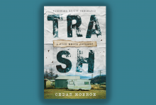 The picture shows a book cover on a blue background. The book is called "Trash" and has a picture of a trailer on it. 