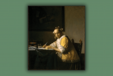 Vermeer's "A Lady Writing" depicts a woman sitting at a desk in a yellow robe writing.