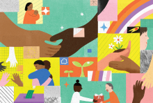Illustrated quilt-like collage of people of many races helping each other
