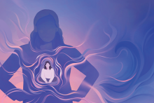 Illustration of a woman with her hands on her hips with another woman sitting in her heart space, meditating and radiating calm.