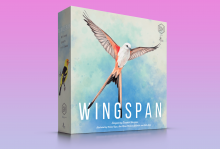 The box of the board game Wingspan has a white bird with outstretched wings on it.
