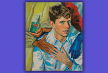 In this Chloe Wise painting, a man is hugging and touching the hand of a person with sterility gloves and purrell hand sanitizer..