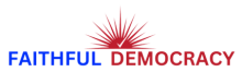 A blue and red logo with a rising sun inset with a check mark, includes the words "Faithful Democracy"