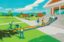 Illustration of a group of people rolling rainbow-colored carpet up the steps to a university building