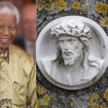 Mandela photo, left, courtesy www.sagoodnews.co.za, Jesus statue, right, court. Onderwijsgek. Both via Wikimedia Commons/RNS
