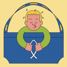 Illustration of blond child leaning his body through an Ikea bag to grip an Ichthys