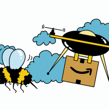 An illustration of a bumble bee flying in the sky next to an Amazon drone carrying a package.