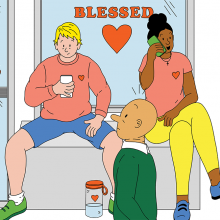 Two people illustrated in a cartoon style are dressed in workout clothes and sit on a bench under a glass window; between the two of them is the word "Blessed" with a red heart below it. A third passer-by stares at these two people.