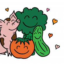 An illustration of a pig, a tomato, and a cucumber with smiles on their faces all hugging each other.