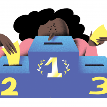 An illustration of a girl placing a ballot into a #1 box, with boxes #2 and #3 to the sides.