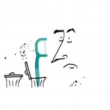 An illustrated outline of a confused human face looking at a flossing pick that is sticking out of a trash can.