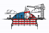 Illustration of a bridge being repaired. The bridge is arched and has the stripes of an American flag.