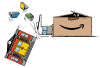 Illustration of a hand sticking out of an Amazon box pushing away a library building with books flying out.