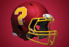 Illustration of a burgundy and gold football helmet with a question mark on the side