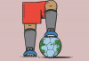 Illustration of a soccer player's foot resting on top of a globe-printed soccer ball