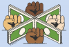 Illustration of fists of different skin colors raised between dollar bills
