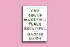 A picture of the book cover for "You Could Make This Place Beautiful" by Maggie Smith over a pink backdrop. The book cover features the title neatly cut into paper with the flaps opening to expose flowers and leaves poking through the letters.
