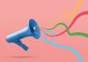 An illustration of a megaphone with colorful ribbons streaming out. 