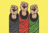 Illustration of three raised fists emerging from shirt sleeves in the colors of the flag of Afghanistan