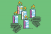 Illustration of an advent wreath where the candles are doors that are ajar and open to the sky