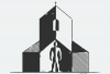 Illustration of human figure within a church building created with black and white blocks