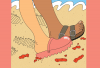Illustration of a brown foot in Birkenstocks and a white foot in pink Crocs walking along a Cheeto-strewn beach