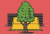 Illustration of a Cypress tree with a bulldozer coming up behind it