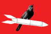 Illustration of a nightingale singing on top of a missile against a red background