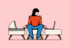 Illustration of a parent with one hand caring for a child in a crib and one hand typing on a laptop.