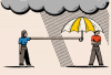 Illustration of a person in a red shirt standing under a raincloud and rainstorm. Another person is holding an umbrella over them with an exaggeratedly extended arm. 