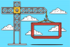 An illustration of a cross-shaped crane lifting an orange box into the sky
